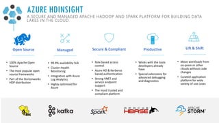 • The most trusted and
compliant platform
AZURE HDINSIGHT
A SECURE AND MANAGED APACHE HADOOP AND SPARK PLATFORM FOR BUILDING DATA
LAKES IN THE CLOUD
 