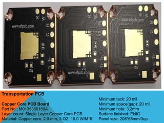 Transportation PCB
Copper Core PCB Board
Part No.: M0135360169A
Layer count: Single Layer Copper Core PCB
Material: Copper core, 2.0 mm, 3 OZ, 10.0 W/M*K
Minimum tack: 20 mil
Minimum space(gap): 20 mil
Minimum hole: 3.2mm
Surface finished: ENIG
Panel size: 208*68mm/3up
 