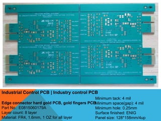Industrial Control PCB | Industry control PCB
Edge connector hard gold PCB, gold fingers PCB
Part No.: E0815060179A
Layer count: 8 layer
Material: FR4, 1.6mm, 1 OZ for all layer
Minimum tack: 4 mil
Minimum space(gap): 4 mil
Minimum hole: 0.25mm
Surface finished: ENIG
Panel size: 128*158mm/4up
 