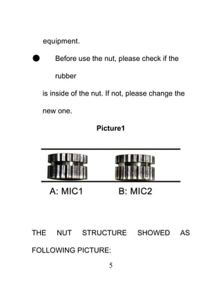 equipment.

       Before use the nut, please check if the

        rubber

    is inside of the nut. If not, please change the

    new one.

                     Picture1




THE     NUT      STRUCTURE         SHOWED         AS

FOLLOWING PICTURE:

                         5
 
