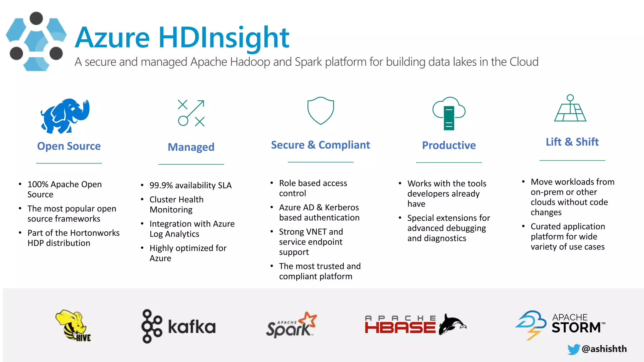 • The most trusted and
compliant platform
Azure HDInsight
A secure and managed Apache Hadoop and Spark platform for building data lakes in the Cloud
@ashishth
 