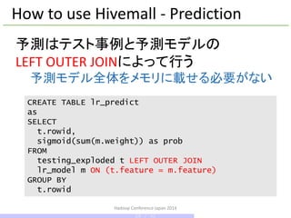 Hadoop Conference Japan 2014
How to use Hivemall - Prediction
CREATE TABLE lr_predict
as
SELECT
t.rowid,
sigmoid(sum(m.weight)) as prob
FROM
testing_exploded t LEFT OUTER JOIN
lr_model m ON (t.feature = m.feature)
GROUP BY
t.rowid
予測はテスト事例と予測モデルの
LEFT OUTER JOINによって行う
予測モデル全体をメモリに載せる必要がない
28 / 42
 