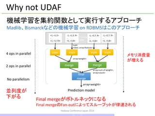 Hadoop Conference Japan 2014
train train
+1, <1,2>
..
+1, <1,7,9>
-1, <1,3, 9>
..
+1, <3,8>
merge
tuple
<label, array<features >
array<weight>
array<sum of weight>,
array<count>
Training
table
Prediction model
-1, <2,7, 9>
..
+1, <3,8>
final
merge
merge
-1, <2,7, 9>
..
+1, <3,8>
train train
array<weight>
Why not UDAF
4 ops in parallel
2 ops in parallel
No parallelism
機械学習を集約関数として実行するアプローチ
Madlib、Bismarckなどの機械学習 on RDBMSはこのアプローチ
Final mergeがボトルネックになる
Final mergeのFan-outによってスループットが律速される
メモリ消費量
が増える
並列度が
下がる
31 / 42
 