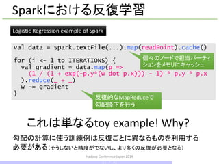 val data = spark.textFile(...).map(readPoint).cache()
for (i <- 1 to ITERATIONS) {
val gradient = data.map(p =>
(1 / (1 + exp(-p.y*(w dot p.x))) - 1) * p.y * p.x
).reduce(_ + _)
w -= gradient
}
反復的なMapReduceで
勾配降下を行う
個々のノードで担当パーティ
ションをメモリにキャッシュ
これは単なるtoy example! Why?
Sparkにおける反復学習
Logistic Regression example of Spark
勾配の計算に使う訓練例は反復ごとに異なるものを利用する
必要がある（そうしないと精度がでないし、より多くの反復が必要となる）
Hadoop Conference Japan 2014
33 / 42
 