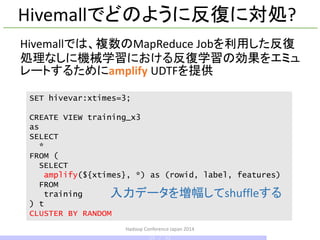 Hivemallでどのように反復に対処?
Hivemallでは、複数のMapReduce Jobを利用した反復
処理なしに機械学習における反復学習の効果をエミュ
レートするためにamplify UDTFを提供
SET hivevar:xtimes=3;
CREATE VIEW training_x3
as
SELECT
*
FROM (
SELECT
amplify(${xtimes}, *) as (rowid, label, features)
FROM
training
) t
CLUSTER BY RANDOM
Hadoop Conference Japan 2014
入力データを増幅してshuffleする
35 / 42
 