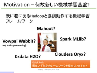Hadoop Conference Japan 2014
Motivation – 何故新しい機械学習基盤?
Mahout?
Vowpal Wabbit?
(w/ Hadoop streaming)
Spark MLlib?
0xdata H2O? Cloudera Oryx?
既に巷にあるHadoopと協調動作する機械学習
フレームワーク
Quick Poll:
現在いずれかのレームワークを使っていますか?
6 / 42
 