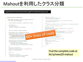 Hadoop Conference Japan 2014
Mahoutを利用したクラス分類
org/apache/mahout/classifier/sgd/TrainNewsGroups.java
Find the complete code at
bit.ly/news20-mahout
8 / 42
 