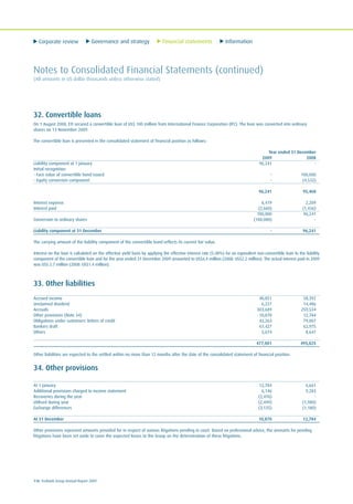 Corporate review Governance and strategy Financial statements Information
116 Ecobank Group Annual Report 2009
Notes to Consolidated Financial Statements (continued)
(All amounts in US dollar thousands unless otherwise stated)
32. Convertible loans
On 1 August 2008, ETI secured a convertible loan of US$ 100 million from International Finance Corporation (IFC). The loan was converted into ordinary
shares on 13 November 2009.
The convertible loan is presented in the consolidated statement of financial position as follows:
Year ended 31 December
2009 2008
Liability component at 1 January 96,241 -
Initial recognition:
- Face value of convertible bond issued - 100,000
- Equity conversion component - (4,532)
96,241 95,468
Interest expense 6,419 2,209
Interest paid (2,660) (1,436)
100,000 96,241
Conversion to ordinary shares (100,000) -
Liability component at 31 December - 96,241
The carrying amount of the liability component of the convertible bond reflects its current fair value.
Interest on the loan is calculated on the effective yield basis by applying the effective interest rate (5.48%) for an equivalent non-convertible loan to the liability
component of the convertible loan and for the year ended 31 December 2009 amounted to US$6.4 million (2008: US$2.2 million). The actual interest paid in 2009
was US$ 2.7 million (2008: US$1.4 million).
33. Other liabilities
Accrued income 40,851 58,392
Unclaimed dividend 6,227 14,486
Accruals 303,689 259,534
Other provisions (Note 34) 10,870 12,784
Obligations under customers' letters of credit 42,263 79,007
Bankers draft 67,427 62,975
Others 5,674 8,647
477,001 495,825
Other liabilities are expected to the settled within no more than 12 months after the date of the consolidated statement of financial position.
34. Other provisions
At 1 January 12,784 6,661
Additional provisions charged to income statement 6,146 9,283
Recoveries during the year (2,476) -
Utilised during year (2,449) (1,980)
Exchange differences (3,135) (1,180)
At 31 December 10,870 12,784
Other provisions represent amounts provided for in respect of various litigations pending in court. Based on professional advice, the amounts for pending
litigations have been set aside to cover the expected losses to the Group on the determination of these litigations.
 