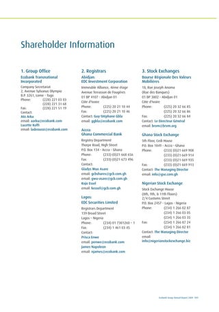 Ecobank Group Annual Report 2009 131
Shareholder Information
1. Group Office
Ecobank Transnational
Incorporated
Company Secretariat
2, Avenue Sylvanus Olympio
B.P. 3261, Lome - Togo
Phone: (228) 221 03 03
(228) 221 31 68
Fax: (228) 221 51 19
Contact:
Ato Arku
email: aarku@ecobank.com
Lucette Koffi
email: ladeoussi@ecobank.com
2. Registrars
Abidjan:
EDC Investment Corporation
Immeuble Alliance, 4ème étage
Avenue Terrasson de Fougères
01 BP 4107 - Abidjan 01
Côte d'Ivoire
Phone: (225) 20 21 10 44
Fax: (225) 20 21 10 46
Contact: Guy-Stéphane Gbla
email: ggbla@ecobank.com
Accra:
Ghana Commercial Bank
Registry Department
Thorpe Road, High Street
P.O. Box 134 - Accra - Ghana
Phone: (233) (0)21 668 656
Fax: (233) (0)21 673 496
Contact:
Gladys Wuo Asare
email: gcbshares@gcb.com.gh
email: gwu-asare@gcb.com.gh
Kojo Essel
email: kessel@gcb.com.gh
Lagos:
EDC Securities Limited
Registrars Department
139 Broad Street
Lagos – Nigeria
Phone: (234) 01 7301260 – 1
Fax: (234) 1 461 03 45
Contact:
Prisca Enwe
email: penwe@ecobank.com
James Napoleon
email: njames@ecobank.com
3. Stock Exchanges
Bourse Régionale Des Valeurs
Mobilières
18, Rue Joseph Anoma
(Rue des Banques)
01 BP 3802 - Abidjan 01
Côte d'Ivoire
Phone: (225) 20 32 66 85
(225) 20 32 66 86
Fax: (225) 20 32 66 84
Contact: Le Directeur Général
email: brvm@brvm.org
Ghana Stock Exchange
5th Floor, Cedi House
P.O. Box 1849 - Accra - Ghana
Phone: (233) (0)21 669 908
(233) (0)21 669 914
(233) (0)21 669 935
Fax: (233) (0)21 669 913
Contact: The Managing Director
email: info@gse.com.gh
Nigerian Stock Exchange
Stock Exchange House
(8th, 9th, & 11th Floors)
2/4 Customs Street
P.O. Box 2457 - Lagos - Nigeria
Phone: (234) 1 266 02 87
(234) 1 266 03 05
(234) 1 266 03 35
Fax: (234) 1 266 87 24
(234) 1 266 82 81
Contact: The Managing Director
email:
info@nigerianstockexchange.biz
 