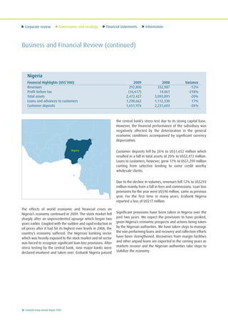 Corporate review Governance and strategy Financial statements Information
38 Ecobank Group Annual Report 2009
Business and Financial Review (continued)
The effects of world economic and financial crises on
Nigeria’s economy continued in 2009. The stock market fell
sharply after an unprecedented upsurge which began two
years earlier. Coupled with the sudden and rapid reduction in
oil prices after it had hit its highest ever levels in 2008, the
country’s economy suffered. The Nigerian banking sector
which was heavily exposed to the stock market and oil sector
was forced to recognize significant loan loss provisions. After
stress testing by the central bank, nine major banks were
declared insolvent and taken over. Ecobank Nigeria passed
the central bank’s stress test due to its strong capital base.
However, the financial performance of the subsidiary was
negatively affected by the deterioration in the general
economic conditions accompanied by significant currency
depreciation.
Customer deposits fell by 26% to US$1,652 million which
resulted in a fall in total assets of 20% to US$2,472 million.
Loans to customers, however, grew 17% to US$1,299 million
coming from selective lending to some credit worthy
wholesale clients.
Due to the decline in volumes, revenues fell 12% to US$293
million mainly from a fall in fees and commissions. Loan loss
provisions for the year were US$98 million, same as previous
year. For the first time in many years, Ecobank Nigeria
reported a loss of US$17 million.
Significant provisions have been taken in Nigeria over the
past two years. We expect the provisions to have peaked,
given Nigeria’s economic prospects and actions being taken
by the Nigerian authorities. We have taken steps to manage
the non performing loans and recovery and collection efforts
have been strengthened. Recoveries from margin facilities
and other unpaid loans are expected in the coming years as
markets recover and the Nigerian authorities take steps to
stabilize the economy.
Nigeria
Financial Highlights (US$’000) 2009 2008 Variance
Revenues 292,800 332,987 -12%
Profit before tax (16,617) 14,061 -218%
Total assets 2,472,427 3,093,891 -20%
Loans and advances to customers 1,298,662 1,112,330 17%
Customer deposits 1,651,976 2,231,603 -26%
Nigeria
 
