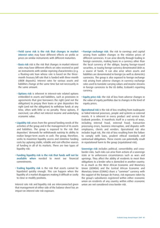 Ecobank Group Annual Report 2009 41
• Yield curve risk is the risk that changes in market
interest rates may have different effects on yields or
prices on similar instruments with different maturities.
• Basis risk risk is the risk that changes in market interest
rates may have different effects on rates received or paid
on instruments with similar repricing characteristics (e.g.
a floating-rate loan whose rate is based on the three-
month Treasury bill rate that is funded with three-month
LIBOR deposits). Interest rates for various assets and
liabilities change at the same time but not necessarily in
the same amount.
• Options risk is inherent in interest-rate related options
embedded in assets and liabilities, such as provisions in
agreements that give borrowers the right (and not the
obligation) to prepay their loans or give depositors the
right (and not the obligation) to withdraw funds at any
time, often with little or no penalty. These options, if
exercised, can affect net interest income and underlying
economic value.
• Liquidity risk arises from the general funding needs of the
activities of the group and in the management of its assets
and liabilities. The group is exposed to the risk that
depositors’ demands for withdrawals outstrip its ability to
realize longer-term assets in cash. The group, therefore,
seeks to maximize liquidity access and minimise funding
costs by capturing stable, reliable and cost-effective sources
of funding in all of its markets. There are two types of
liquidity risk:
• Funding liquidity risk is the risk that funds will not be
available when needed to meet our financial
commitments.
• Trading liquidity risk is the risk that assets cannot be
liquidated quickly enough. This can happen when the
liquidity of a market disappears making it difficult or costly
to close or modify positions.
Interest rate risk and liquidity risk are interconnected given
that management of either side of the balance sheet has an
impact on interest rate risk exposure.
• Foreign exchange risk: the risk to earnings and capital
arising from sudden changes in the relative prices of
different currencies. It can arise directly through trading in
foreign currencies, making loans in a currency other than
the local currency of the obligor, buying foreign-issued
securities, or issuing foreign-currency denominated debt as
a source of funds. It can also arise when assets and
liabilities are denominated in foreign (as well as domestic)
currencies. The group is also exposed to foreign exchange
risk arising from adverse changes in currency exchange
rates used to translate carrying values and income streams
in foreign currencies to the US dollar, Ecobank’s reporting
currency.
• Equity price risk: the risk of loss from adverse changes in
the value of equity portfolios due to changes in the level of
equity prices.
Operational risk is the risk of loss resulting from inadequate
or failed internal processes, people and systems or external
events. It is inherent in every product and service that
Ecobank provides. It manifests itself in a variety of ways,
including internal fraud, external fraud, transaction
processing errors, business interruption, and disputes with
employees, clients and vendors. Operational risk also
includes legal risk, the risk of loss resulting from the failure
to comply with laws, prudent ethical standards and
contractual obligations. These events can potentially result
in reputational harm to the group (reputational risk).
Sovereign risk includes political, convertibility and cross-
border risks. Such risks can arise from actions of a sovereign
state or to unforeseen circumstances such as wars and
uprisings. They affect the ability of residents to meet their
obligations to a lender who is domiciled in another country.
In as much as the West African Economic and Monetary
Union (UEMOA) and the Central African Economic and
Monetary Union (CEMAC) share a “common” currency with
the support of the Banque de France, risk exposures taken by
the group’s subsidiaries registered within either economic
union on residents of any country within either economic
union are not considered cross-border risk.
 
