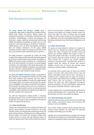 Corporate review Governance and strategy Financial statements Information
50 Ecobank Group Annual Report 2009
Risk Management (continued)
The Group Market Risk Manager (GMRM) plays a
coordination, aggregation, facilitation and enabling function.
GMRM drafts market risk policies, defines market risk
management standards, and develops and distributes tools,
techniques, methodologies, common risk language, risk
framework, analysis, reporting, communication and training.
GMRM also publicizes knowledge on market risk to create
awareness and understanding at all levels of employees.
GMRM approves price risk limits and liquidity contingency
plans for banking subsidiaries and the group. GMRM
constantly monitors market risk exposures and ensures that
they are maintained within prudential levels at all times.
The Group Treasurer is responsible for market risk taking
activities and manages market risks within the limits approved
by the Board. Group Treasurer reports market risk positions to
GMRM and Group Executive Committee on a monthly basis
and to the Board quarterly. He prepares an annual liquidity
contingency and capital plan for the Group and provides the
first-level approval for liquidity contingency and capital plans
and price risk limit recommendations of subsidiary banks.
Country treasurers report directly to Group Treasurer.
The Asset and Liability Committee (ALCO) is responsible for
the supervision and management of market risk at the group
level. ALCO members meet quarterly and more often if
warranted by market conditions to review the group’s liquidity
and funding needs, the structure and pricing of the group’s
assets and liabilities, and market risk involved in new products.
They articulate the group’s interest rate view and decide on
the required maturity profile and mix of incremental assets
and liabilities. ALCO committees of subsidiary banks fulfil these
functions monthly at the country level.
The staff and management working within or managing
operational business units and their board of directors are
responsible for the day-to-day management and control of
market risk within their businesses.
4.2.2 Risk identification
Trading units maintain blotters for recording movements and
balance sheet positions of traded instruments. The group
identifies market risk through daily monitoring of levels and
profit and loss balances of trading and non trading positions.
Internal auditors and market risk managers monitor daily
trading activities to ensure that risk exposures taken are
within the approved price limits and the overall risk tolerance
levels set by the Board. In addition, local ALCO members,
treasurers and market risk managers monitor market risk
factors that affect the value of trading and non-trading
positions as well as income streams on non-trading portfolios
on a daily basis. They also track liquidity indicators to ensure
that group subsidiaries meet their financial obligations at all
times.
4.2.3 Risk measurement
The group uses gap analysis to measure its exposure to
interest rate risk. Through this analysis, subsidiary banks
compare the values of interest rate sensitive assets and
interest rate sensitive liabilities that mature or reprice at
various time periods in the future. An interest rate sensitive
gap is positive when the amount of interest rate sensitive
assets exceeds that of interest rate sensitive liabilities
maturing or repricing within a specified time period. It is
negative when the amount of interest rate sensitive
liabilities exceeds that of interest rate sensitive assets
maturing or repricing within a specified period.
An institution with a positive gap can expect net interest
income to increase with rising market interest rates and
decline with falling market interest rates. Conversely, an
institution with a negative gap can expect net income to
increase when market interest rates are falling and to decline
when interest rates are increasing. In performing this
analysis, the group may make judgmental assumptions
about the behaviour of assets and liabilities which do not
have specific contractual maturity or repricing dates.
Foreign exchange risk is measured through the profit and loss
account while liquidity risk is measured by the degree of
diversification of sources and maturity of deposits.
4.2.4 Risk monitoring and control
Subsidiary bank treasurers monitor interest rate risk through
daily, weekly, and monthly reviews of the structure and
pricing of assets and liabilities.
They monitor foreign exchange risk by ensuring that open
foreign currency positions are kept within the approved
overnight and intraday price risk limits.
Liquidity risk is monitored through gap analysis and ensuring
not only that the deposit base is diversified but also that the
market risk management policy framework is complied with.
 