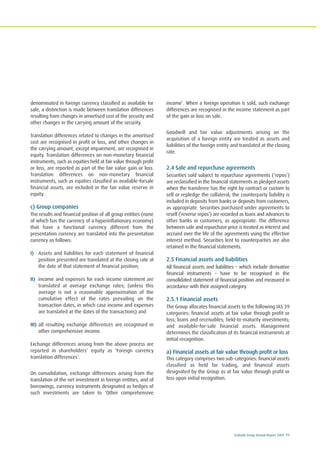 Ecobank Group Annual Report 2009 71
denominated in foreign currency classified as available for
sale, a distinction is made between translation differences
resulting from changes in amortised cost of the security and
other changes in the carrying amount of the security.
Translation differences related to changes in the amortised
cost are recognised in profit or loss, and other changes in
the carrying amount, except impairment, are recognised in
equity. Translation differences on non-monetary financial
instruments, such as equities held at fair value through profit
or loss, are reported as part of the fair value gain or loss.
Translation differences on non-monetary financial
instruments, such as equities classified as available-forsale
financial assets, are included in the fair value reserve in
equity.
c) Group companies
The results and financial position of all group entities (none
of which has the currency of a hyperinflationary economy)
that have a functional currency different from the
presentation currency are translated into the presentation
currency as follows:
I) Assets and liabilities for each statement of financial
position presented are translated at the closing rate at
the date of that statement of financial position;
II) income and expenses for each income statement are
translated at average exchange rates; (unless this
average is not a reasonable approximation of the
cumulative effect of the rates prevailing on the
transaction dates, in which case income and expenses
are translated at the dates of the transactions) and
III) all resulting exchange differences are recognised in
other comprehensive income.
Exchange differences arising from the above process are
reported in shareholders’ equity as ‘Foreign currency
translation differences’.
On consolidation, exchange differences arising from the
translation of the net investment in foreign entities, and of
borrowings, currency instruments designated as hedges of
such investments are taken to ‘Other comprehensive
income’. When a foreign operation is sold, such exchange
differences are recognised in the income statement as part
of the gain or loss on sale.
Goodwill and fair value adjustments arising on the
acquisition of a foreign entity are treated as assets and
liabilities of the foreign entity and translated at the closing
rate.
2.4 Sale and repurchase agreements
Securities sold subject to repurchase agreements (‘repos’)
are reclassified in the financial statements as pledged assets
when the transferee has the right by contract or custom to
sell or repledge the collateral; the counterparty liability is
included in deposits from banks or deposits from customers,
as appropriate. Securities purchased under agreements to
resell (‘reverse repos’) are recorded as loans and advances to
other banks or customers, as appropriate. The difference
between sale and repurchase price is treated as interest and
accrued over the life of the agreements using the effective
interest method. Securities lent to counterparties are also
retained in the financial statements.
2.5 Financial assets and liabilities
All financial assets and liabilities – which include derivative
financial instruments – have to be recognised in the
consolidated statement of financial position and measured in
accordance with their assigned category.
2.5.1 Financial assets
The Group allocates financial assets to the following IAS 39
categories: financial assets at fair value through profit or
loss; loans and receivables; held-to-maturity investments;
and available-for-sale financial assets. Management
determines the classification of its financial instruments at
initial recognition.
a) Financial assets at fair value through profit or loss
This category comprises two sub-categories: financial assets
classified as held for trading, and financial assets
designated by the Group as at fair value through profit or
loss upon initial recognition.
 