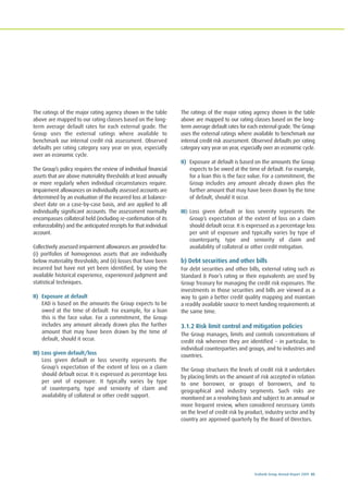 Ecobank Group Annual Report 2009 85
The ratings of the major rating agency shown in the table
above are mapped to our rating classes based on the long-
term average default rates for each external grade. The
Group uses the external ratings where available to
benchmark our internal credit risk assessment. Observed
defaults per rating category vary year on year, especially
over an economic cycle.
The Group’s policy requires the review of individual financial
assets that are above materiality thresholds at least annually
or more regularly when individual circumstances require.
Impairment allowances on individually assessed accounts are
determined by an evaluation of the incurred loss at balance-
sheet date on a case-by-case basis, and are applied to all
individually significant accounts. The assessment normally
encompasses collateral held (including re-confirmation of its
enforceability) and the anticipated receipts for that individual
account.
Collectively assessed impairment allowances are provided for:
(i) portfolios of homogenous assets that are individually
below materiality thresholds; and (ii) losses that have been
incurred but have not yet been identified, by using the
available historical experience, experienced judgment and
statistical techniques.
II) Exposure at default
EAD is based on the amounts the Group expects to be
owed at the time of default. For example, for a loan
this is the face value. For a commitment, the Group
includes any amount already drawn plus the further
amount that may have been drawn by the time of
default, should it occur.
III) Loss given default/loss
Loss given default or loss severity represents the
Group’s expectation of the extent of loss on a claim
should default occur. It is expressed as percentage loss
per unit of exposure. It typically varies by type
of counterparty, type and seniority of claim and
availability of collateral or other credit support.
The ratings of the major rating agency shown in the table
above are mapped to our rating classes based on the long-
term average default rates for each external grade. The Group
uses the external ratings where available to benchmark our
internal credit risk assessment. Observed defaults per rating
category vary year on year, especially over an economic cycle.
II) Exposure at default is based on the amounts the Group
expects to be owed at the time of default. For example,
for a loan this is the face value. For a commitment, the
Group includes any amount already drawn plus the
further amount that may have been drawn by the time
of default, should it occur.
III) Loss given default or loss severity represents the
Group’s expectation of the extent of loss on a claim
should default occur. It is expressed as a percentage loss
per unit of exposure and typically varies by type of
counterparty, type and seniority of claim and
availability of collateral or other credit mitigation.
b) Debt securities and other bills
For debt securities and other bills, external rating such as
Standard & Poor’s rating or their equivalents are used by
Group Treasury for managing the credit risk exposures. The
investments in those securities and bills are viewed as a
way to gain a better credit quality mapping and maintain
a readily available source to meet funding requirements at
the same time.
3.1.2 Risk limit control and mitigation policies
The Group manages, limits and controls concentrations of
credit risk wherever they are identified − in particular, to
individual counterparties and groups, and to industries and
countries.
The Group structures the levels of credit risk it undertakes
by placing limits on the amount of risk accepted in relation
to one borrower, or groups of borrowers, and to
geographical and industry segments. Such risks are
monitored on a revolving basis and subject to an annual or
more frequent review, when considered necessary. Limits
on the level of credit risk by product, industry sector and by
country are approved quarterly by the Board of Directors.
 