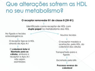 O receptor removedor B1 de classe B (SR-B1)
Identificado como receptor de HDL com
duplo papel no metabolismo das HDL
No fígado e tecidos
esteroidogénicos Noutros tecidos
O receptor liga-se à HDL
através da Apo A-I
O receptor medeia a
aceitação ,pela HDL, do
colesterol das células
O colesterol éster é
libertado para as
células, embora o
receptor e Apo A-I
não sejam
assimilados
Transportado para o
fígado
Excretado pela bílis
Processo reverso do
colesterol
 