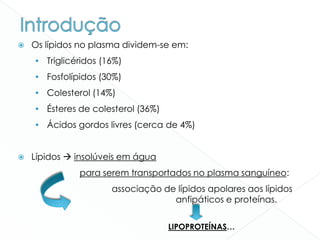  Os lípidos no plasma dividem-se em:
• Triglicéridos (16%)
• Fosfolípidos (30%)
• Colesterol (14%)
• Ésteres de colesterol (36%)
• Ácidos gordos livres (cerca de 4%)
 Lípidos  insolúveis em água
para serem transportados no plasma sanguíneo:
associação de lípidos apolares aos lípidos
anfipáticos e proteínas.
LIPOPROTEÍNAS…
 