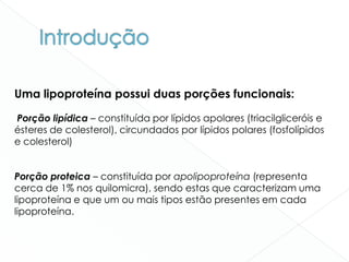 Uma lipoproteína possui duas porções funcionais:
Porção lipídica – constituída por lípidos apolares (triacilgliceróis e
ésteres de colesterol), circundados por lípidos polares (fosfolípidos
e colesterol)
Porção proteica – constituída por apolipoproteína (representa
cerca de 1% nos quilomicra), sendo estas que caracterizam uma
lipoproteína e que um ou mais tipos estão presentes em cada
lipoproteína.
 