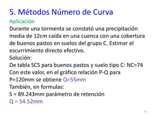 5. Métodos Número de Curva
Aplicación
Durante una tormenta se constató una precipitación
media de 12cm caída en una cuenca con una cobertura
de buenos pastos en suelos del grupo C. Estimar el
escurrimiento directo efectivo.
Solución:
De tabla SCS para buenos pastos y suelo tipo C: NC=74
Con este valor, en el gráfico relación P-Q para
P=120mm se obtiene Q=55mm
También, en formulas:
S = 89.243mm parámetro de retención
Q = 54.52mm
33
 