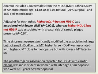 Analysis included 1380 females from the MESA (Multi-Ethnic Study
of Atherosclerosis; age: 61.8±10.3; 61% natural-, 21% surgical-, and
18% peri-menopause).
Adjusting for each other, higher HDL-P but not HDL-C was
associated with lower cIMT (P=0.001), whereas higher HDL-C but
not HDL-P was associated with greater risk of carotid plaque
presence (P=0.04).
Time since menopause significantly modified the association of large
but not small HDL-P with cIMT; higher large HDL-P was associated
with higher cIMT close to menopause but with lower cIMT later in
life.
The proatherogenic association reported for HDL-C with carotid
plaque was most evident in women with later age at menopause
who were >10 years postmenopausal.
 