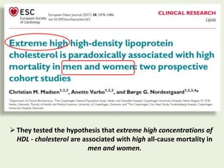 They tested the hypothesis that extreme high concentrations of
HDL - cholesterol are associated with high all-cause mortality in
men and women.
 