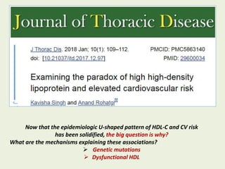 Now that the epidemiologic U-shaped pattern of HDL-C and CV risk
has been solidified, the big question is why?
What are the mechanisms explaining these associations?
 Genetic mutations
 Dysfunctional HDL
 