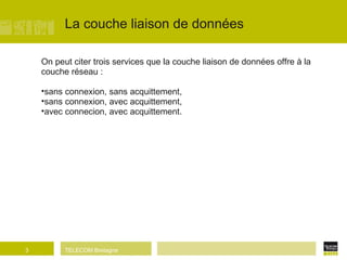La couche liaison de données  On peut citer trois services que la couche liaison de données offre à la couche réseau : sans connexion, sans acquittement, sans connexion, avec acquittement, avec connecion, avec acquittement. 