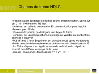 Champs de trame HDLC Fanion: est un délimiteur de trames pour la synchronisation. Sa valeur est 01111110 (binaire), 7E (hex)‏ Adresse: est celle du destinataire. En communication point-à-point, elle n'est pas utilisée. Commande: permet de distinguer trois types de trame. Données: est un champ optionnel de longueur variable qui contient les données à envoyer. FCS (Frame Check Sequence): est un code ajouté après les données afin de détecter d'éventuelle erreurs de transmission. Il est codé sur 16 bits. Cette séquence est égale au reste de la division du polynôme associé aux différents champs de la trame  (adresse+commande+données) par X 16  + x 12  + x 5  + 1 