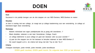 DOEN geeft resultaat, DOEN geeft inzicht. De volgende keer DOE je het slimmer!
DOEN
Doel:
Succesvol in de praktijk brengen van de drie stappen om van NEE-Denkers, MEE-Denkers te maken
Situaties:
Je bent in overleg met een collega. Je vraagt aan je collega toestemming voor een verandering. Je collega uit
weerstand tegen deze verandering.
Werkwijze:
• Bedenk individueel een eigen praktijksituatie die je graag wilt veranderen, 1’
• Maak drietallen, iedereen is een keer Veranderaar, Collega, Coach
• Je collega deelnemer is jouw collega en gaat een bezwaar uiten op jouw voorstel 1’
• Jij past de drie stappen toe om het bezwaar te benutten iedereen te laten MEE-Denken 2’
• De coach koppelt a.d.h.v. de criteria kort terug met één Top en één Tip 2’
Criteria:
3-stappen doorlopen, juiste mimiek, juiste intonatie, juiste woordkeuze
9
 