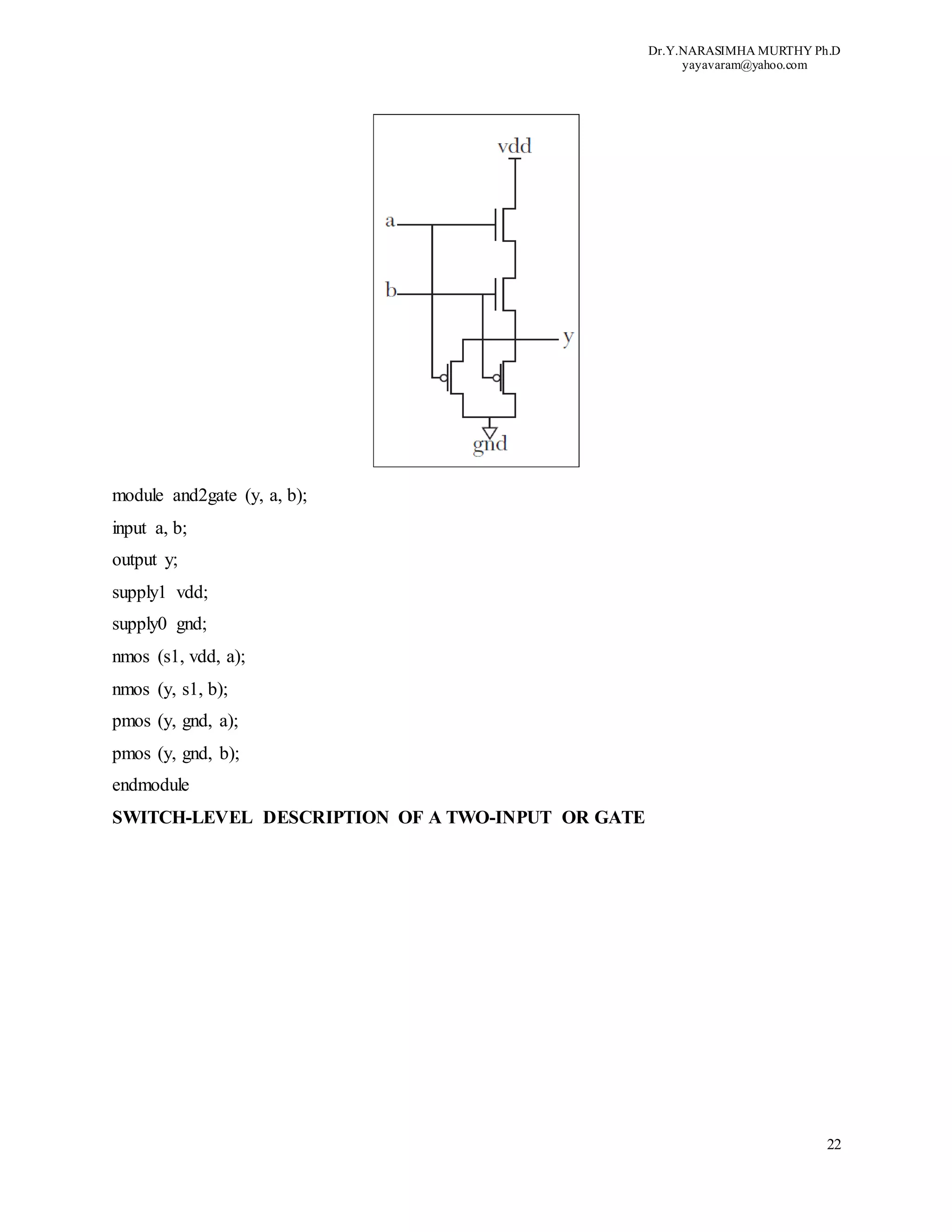 Dr.Y.NARASIMHA MURTHY Ph.D
yayavaram@yahoo.com
22
module and2gate (y, a, b);
input a, b;
output y;
supply1 vdd;
supply0 gnd;
nmos (s1, vdd, a);
nmos (y, s1, b);
pmos (y, gnd, a);
pmos (y, gnd, b);
endmodule
SWITCH-LEVEL DESCRIPTION OF A TWO-INPUT OR GATE
 