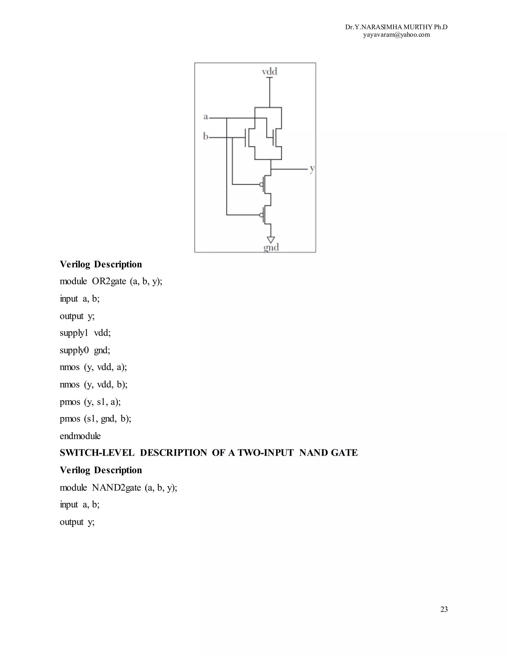 Dr.Y.NARASIMHA MURTHY Ph.D
yayavaram@yahoo.com
23
Verilog Description
module OR2gate (a, b, y);
input a, b;
output y;
supply1 vdd;
supply0 gnd;
nmos (y, vdd, a);
nmos (y, vdd, b);
pmos (y, s1, a);
pmos (s1, gnd, b);
endmodule
SWITCH-LEVEL DESCRIPTION OF A TWO-INPUT NAND GATE
Verilog Description
module NAND2gate (a, b, y);
input a, b;
output y;
 