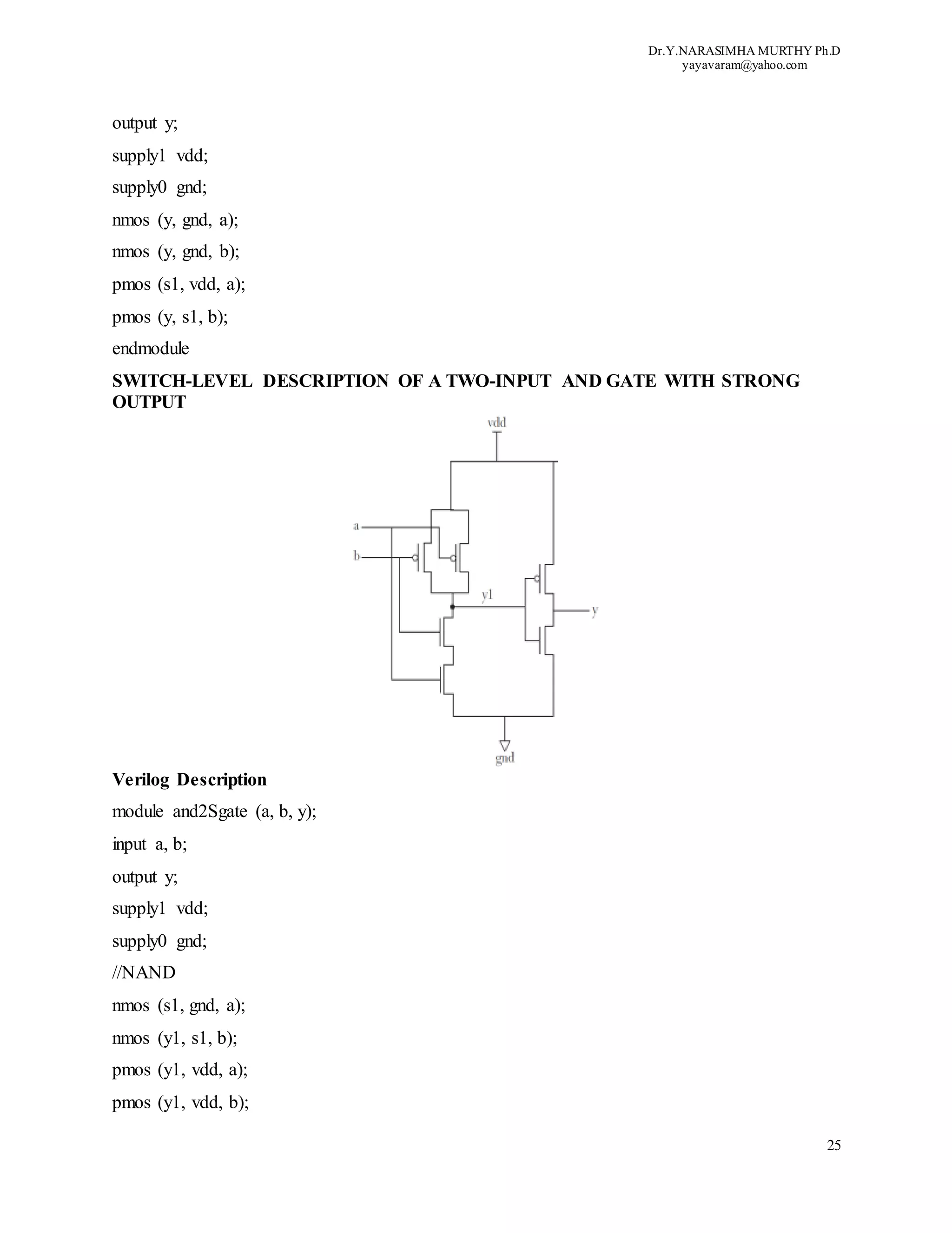 Dr.Y.NARASIMHA MURTHY Ph.D
yayavaram@yahoo.com
25
output y;
supply1 vdd;
supply0 gnd;
nmos (y, gnd, a);
nmos (y, gnd, b);
pmos (s1, vdd, a);
pmos (y, s1, b);
endmodule
SWITCH-LEVEL DESCRIPTION OF A TWO-INPUT AND GATE WITH STRONG
OUTPUT
Verilog Description
module and2Sgate (a, b, y);
input a, b;
output y;
supply1 vdd;
supply0 gnd;
//NAND
nmos (s1, gnd, a);
nmos (y1, s1, b);
pmos (y1, vdd, a);
pmos (y1, vdd, b);
 