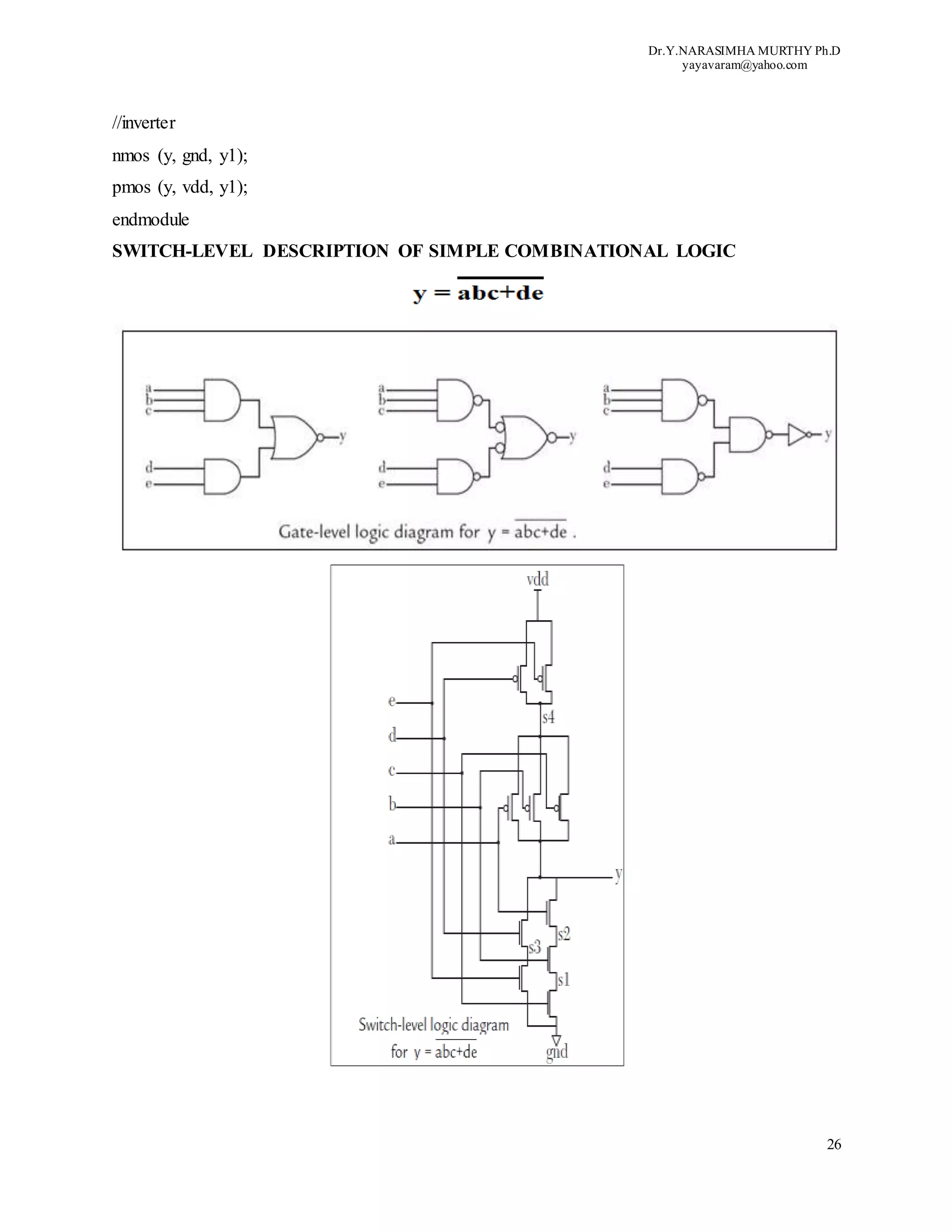 Dr.Y.NARASIMHA MURTHY Ph.D
yayavaram@yahoo.com
26
//inverter
nmos (y, gnd, y1);
pmos (y, vdd, y1);
endmodule
SWITCH-LEVEL DESCRIPTION OF SIMPLE COMBINATIONAL LOGIC
 