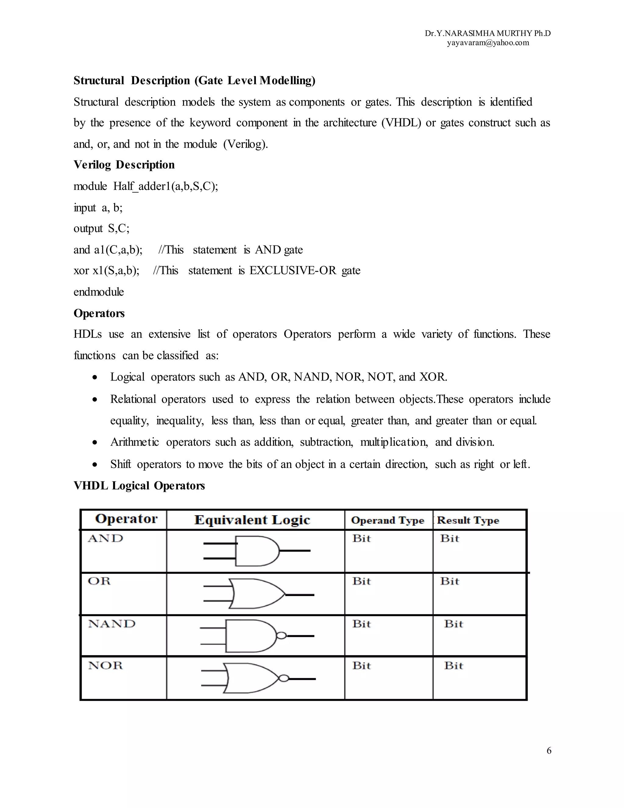 Dr.Y.NARASIMHA MURTHY Ph.D
yayavaram@yahoo.com
6
Structural Description (Gate Level Modelling)
Structural description models the system as components or gates. This description is identified
by the presence of the keyword component in the architecture (VHDL) or gates construct such as
and, or, and not in the module (Verilog).
Verilog Description
module Half_adder1(a,b,S,C);
input a, b;
output S,C;
and a1(C,a,b); //This statement is AND gate
xor x1(S,a,b); //This statement is EXCLUSIVE-OR gate
endmodule
Operators
HDLs use an extensive list of operators Operators perform a wide variety of functions. These
functions can be classified as:
 Logical operators such as AND, OR, NAND, NOR, NOT, and XOR.
 Relational operators used to express the relation between objects.These operators include
equality, inequality, less than, less than or equal, greater than, and greater than or equal.
 Arithmetic operators such as addition, subtraction, multiplication, and division.
 Shift operators to move the bits of an object in a certain direction, such as right or left.
VHDL Logical Operators
 