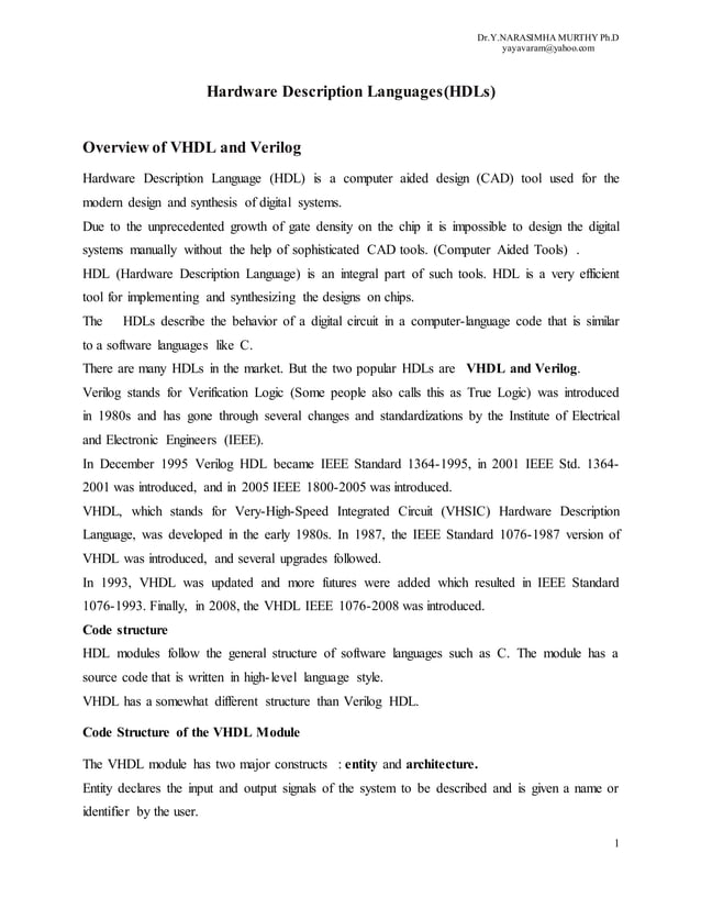 OVERVIEW OF HARDWARE DESCRIPTION LANGUAGES (HDLs) PDF