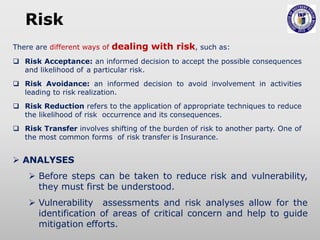 There are different ways of dealing with risk, such as:
 Risk Acceptance: an informed decision to accept the possible consequences
and likelihood of a particular risk.
 Risk Avoidance: an informed decision to avoid involvement in activities
leading to risk realization.
 Risk Reduction refers to the application of appropriate techniques to reduce
the likelihood of risk occurrence and its consequences.
 Risk Transfer involves shifting of the burden of risk to another party. One of
the most common forms of risk transfer is Insurance.
Risk
 ANALYSES
 Before steps can be taken to reduce risk and vulnerability,
they must first be understood.
 Vulnerability assessments and risk analyses allow for the
identification of areas of critical concern and help to guide
mitigation efforts.
 