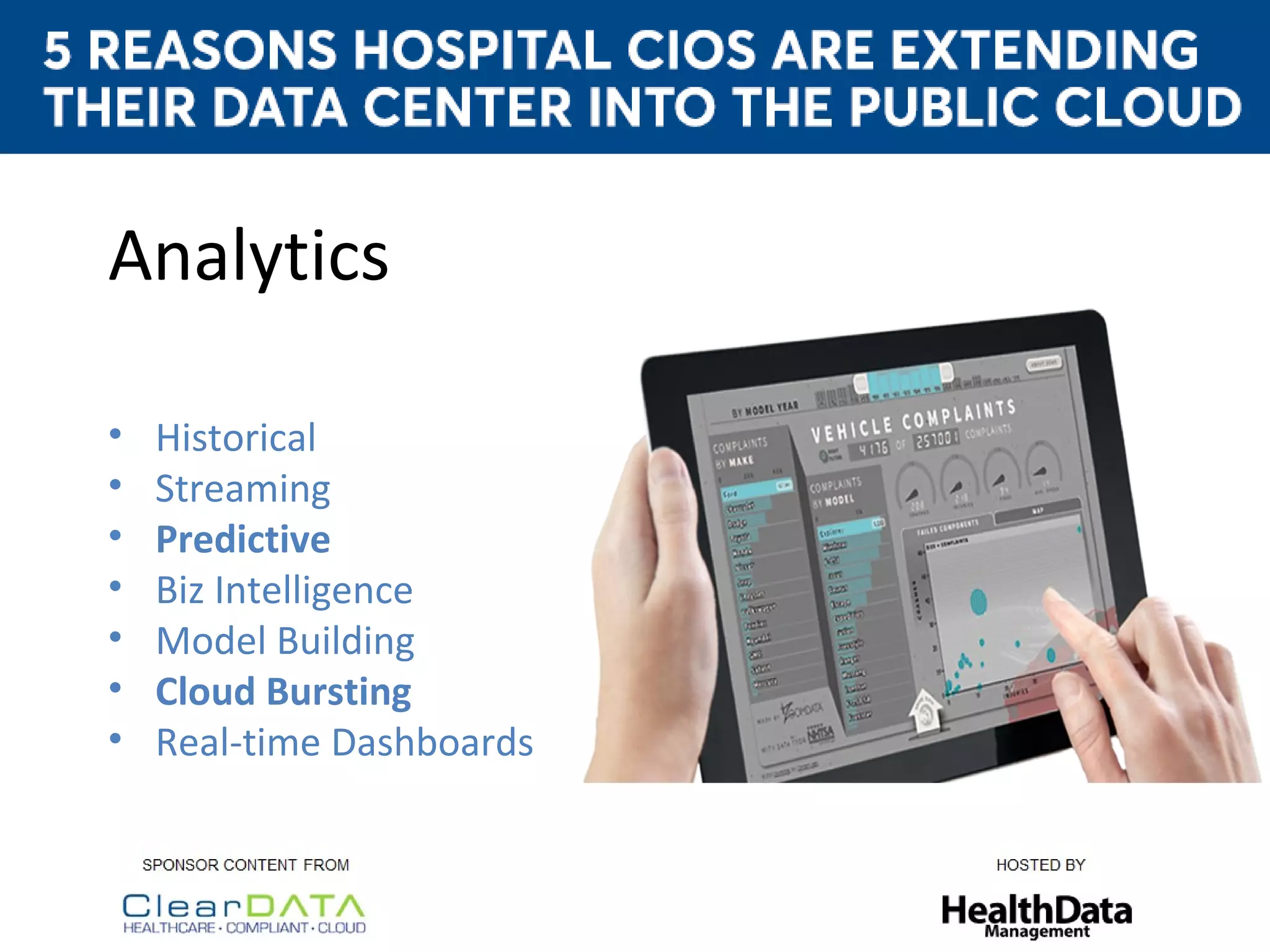 Analytics
• Historical
• Streaming
• Predictive
• Biz Intelligence
• Model Building
• Cloud Bursting
• Real-time Dashboards