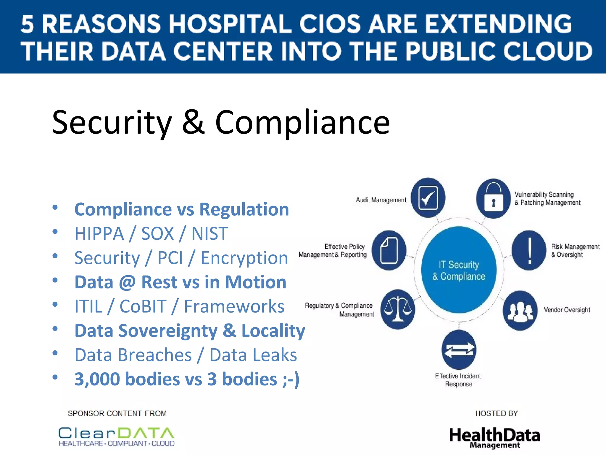 Security & Compliance
• Compliance vs Regulation
• HIPPA / SOX / NIST
• Security / PCI / Encryption
• Data @ Rest vs in Motion
• ITIL / CoBIT / Frameworks
• Data Sovereignty & Locality
• Data Breaches / Data Leaks
• 3,000 bodies vs 3 bodies ;-)