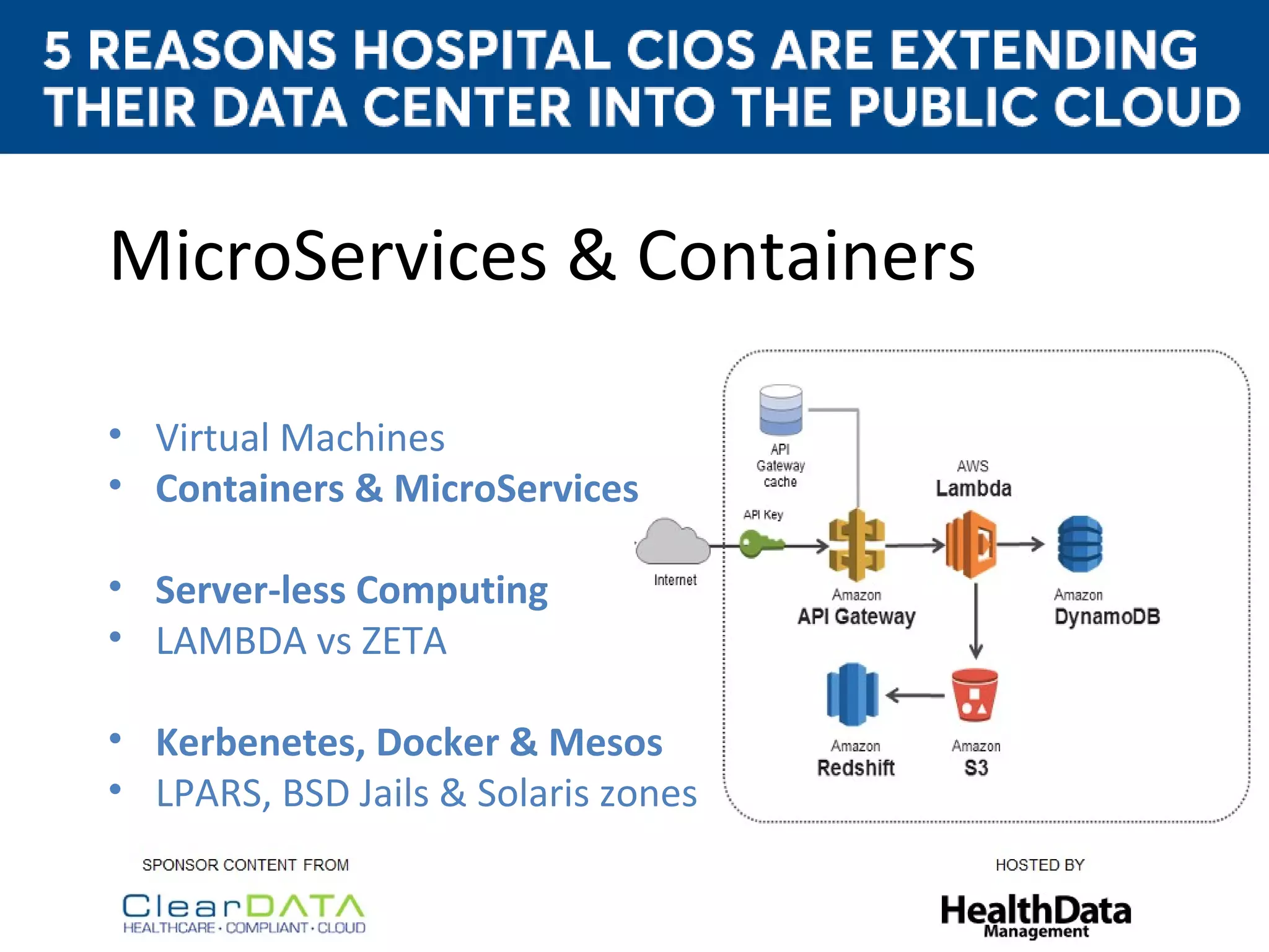 MicroServices & Containers
• Virtual Machines
• Containers & MicroServices
• Server-less Computing
• LAMBDA vs ZETA
• Kerbenetes, Docker & Mesos
• LPARS, BSD Jails & Solaris zones
