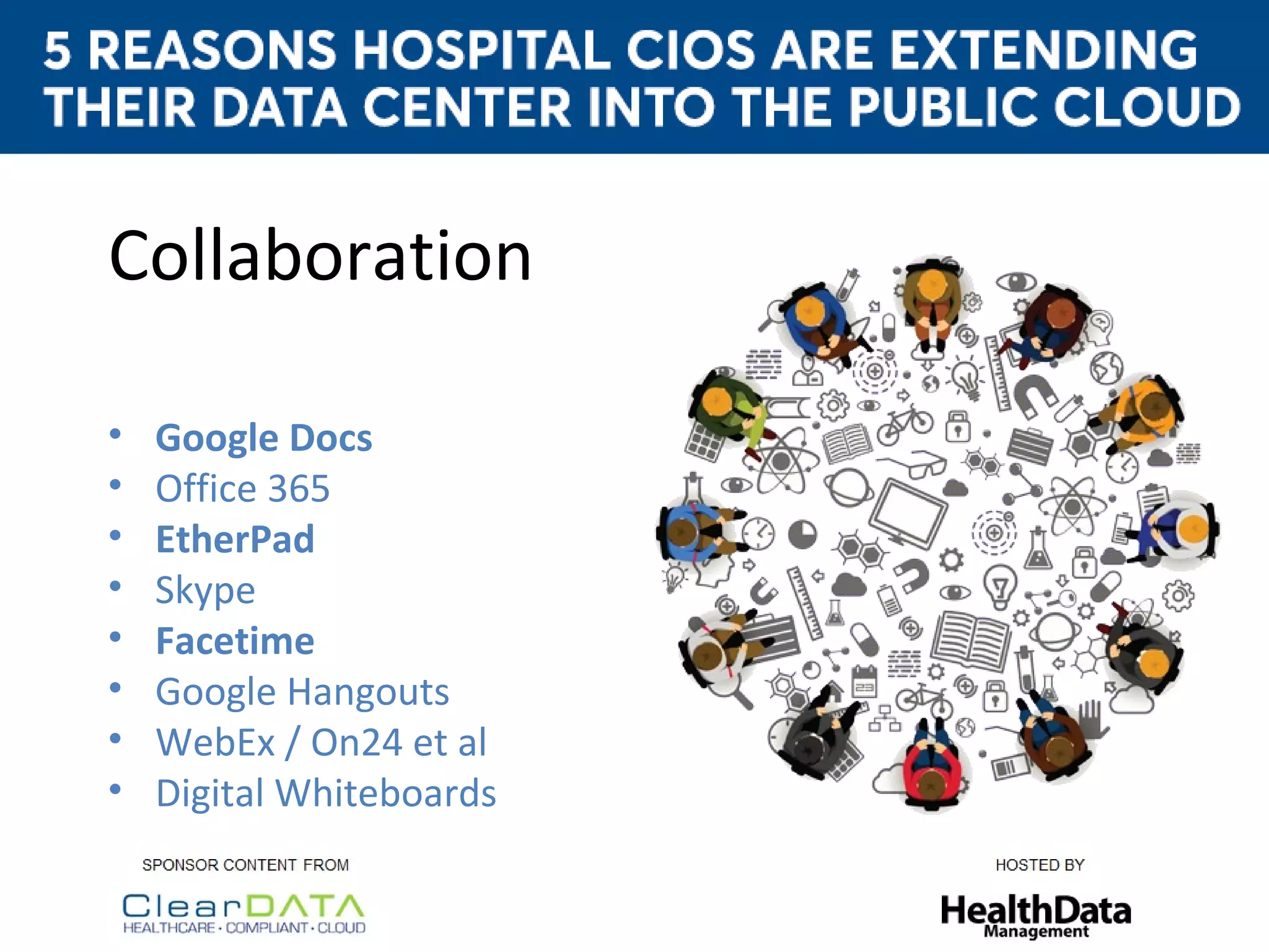 Collaboration
• Google Docs
• Office 365
• EtherPad
• Skype
• Facetime
• Google Hangouts
• WebEx / On24 et al
• Digital Whiteboards