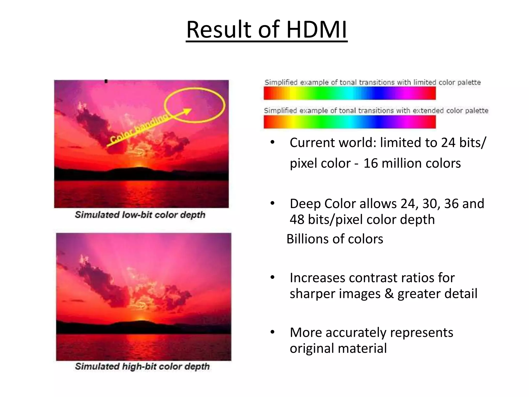 Result of HDMI



       • Current world: limited to 24 bits/
         pixel color - 16 million colors

       • Deep Color allows 24, 30, 36 and
         48 bits/pixel color depth
         Billions of colors

       • Increases contrast ratios for
         sharper images & greater detail

       • More accurately represents
         original material
 