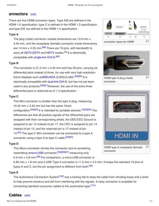10/28/2014 HDMI - Wikipedia, the free encyclopedia
http://en.wikipedia.org/wiki/HDMI 1/2
connector types for HDMI
HDMI type A plug (male)
connector
HDMI type A receptacle (female)
connector
onnectors [edit]
There are five HDMI connector types. Type A/B are defined in the
HDMI 1.0 specification, type C is defined in the HDMI 1.3 specification,
and type D/E are defined in the HDMI 1.4 specification.
Type A
The plug (male) connector outside dimensions are 13.9 mm ×
4.45 mm, and the receptacle (female) connector inside dimensions
are 14 mm × 4.55 mm.[88] There are 19 pins, with bandwidth to
carry all SDTV,EDTV and HDTV modes.[5] It is electrically
compatible with single-link DVI-D.[89]
Type B
This connector is 21.2 mm × 4.45 mm and has 29 pins, carrying six
differential pairs instead of three, for use with very high-resolution
future displays such asWQUXGA (3,840×2,400).[89][90] It is
electrically compatible with dual-link DVI-D, but has not yet been
used in any products.[89][91]However, the use of the extra three
differential pairs is reserved as of 1.3 specification.
Type C
This Mini connector is smaller than the type A plug, measuring
10.42 mm × 2.42 mm but has the same 19-pin
configuration.[92][93] It is intended for portable devices.[1][92][94] The
differences are that all positive signals of the differential pairs are
swapped with their corresponding shield, the DDC/CEC Ground is
assigned to pin 13 instead of pin 17, the CEC is assigned to pin 14
instead of pin 13, and the reserved pin is 17 instead of pin
14.[95] The type C Mini connector can be connected to a type A
connector using a type A-to-type C cable.[92][94]
Type D
This Micro connector shrinks the connector size to something
resembling amicro-USB connector,[94][96][97] measuring only
6.4 mm × 2.8 mm [98] For comparison, a micro-USB connector is
6.85 mm × 1.8 mm and a USB Type A connector is 11.5 mm × 4.5 mm. It keeps the standard 19 pins of
types A and C, but the pin assignment is different from both.[99]
Type E
The Automotive Connection System[100] has a locking tab to keep the cable from vibrating loose and a shell
to help prevent moisture and dirt from interfering with the signals. A relay connector is available for
connecting standard consumer cables to the automotive type.[101]
Cables [edit]
 