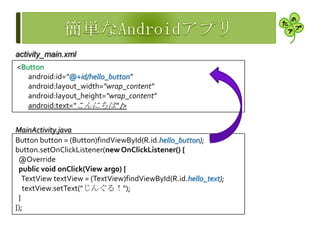 <Button
android:id="@+id/hello_button"
android:layout_width="wrap_content"
android:layout_height="wrap_content"
android:text="こんにちは" />
activity_main.xml
Button button = (Button)findViewById(R.id.hello_button);
button.setOnClickListener(newOnClickListener() {
@Override
public void onClick(View arg0) {
TextView textView = (TextView)findViewById(R.id.hello_text);
textView.setText("じんぐる！");
}
});
MainActivity.java
 