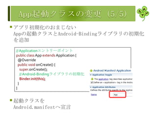 アプリ初期化のおまじない
Appの起動クラスとAndroid-Bindingライブラリの初期化
を追加
起動クラスを
Android.manifestへ宣言
// Applicationエントリーポイント
public class App extends Application {
@Override
public void onCreate() {
super.onCreate();
// Android-Bindingライブラリの初期化
Binder.init(this);
}
}
 