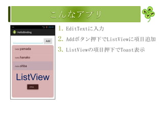 1. EditTextに入力
2. Addボタン押下でListViewに項目追加
3. ListViewの項目押下でToast表示
ListView
 