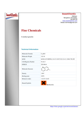 SwastiChemEx
Address:
Bangalore, Karnataka,
Zip:560100
www.swastichemex.com
Swasti.chemex@gmail.com
https://sites.google.com/site/swastichemex
/products
Fine Chemicals
6-methyl-quinolin
Technical Information
Molecular Formula C10H9N
Molecular Weight 143.18
InChI InChI=1/C10H9N/c1-8-4-5-10-9(7-8)3-2-6-11-10/h2-7H,1H3
CAS Registry Number 91-62-3
EINECS 202-084-6
Molecular Structure
Density 1.067
Boiling point 259℃
Refractive index 1.6125-1.6145
Hazard Symbols
Xn:Harmful;
 