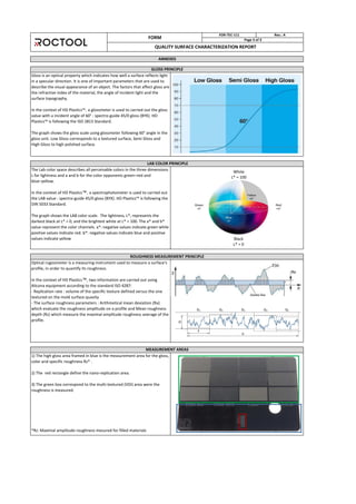Gloss is an optical property which indicates how well a surface reflects light
in a specular direction. It is one of important parameters that are used to
describe the visual appearance of an object. The factors that affect gloss are
the refractive index of the material, the angle of incident light and the
surface topography.
In the onte t of HD Plasti s™, a glossmeter is used to carried out the gloss
value with a incident angle of 60° : spectro-guide 45/0 gloss (BYK). HD
Plasti s™ is follo ing the ISO 8 Standard.
The graph shows the gloss scale using glossmeter following 60° angle in the
gloss unit. Low Gloss corresponds to a textured surface, Semi Gloss and
High Gloss to high polished surface.
MEASUREMENT AREAS
1) The high gloss area framed in blue is the measurement area for the gloss,
color and specific roughness Rz* .
2) The red rectangle define the nano-replication area.
3) The green box correspond to the multi-textured (VDI) area were the
roughness is measured.
*Rz: Maximal amplitude roughness mesured for filled materials
ROUGHNESS MEASUREMENT PRINCIPLE
Optical rugosimeter is a measuring instrument used to measure a surface's
profile, in order to quantify its roughness.
In the context of HD Plastics™, two information are carried out using
Alicona equipment according to the standard ISO 4287:
- Replication rate : volume of the specific texture defined versus the one
textured on the mold surface quavity
- The surface roughness parameters : Arithmetical mean deviation (Ra)
which evaluate the roughness amplitude on a profile and Mean roughness
depth (Rz) which measure the maximal amplitude roughness average of the
profile.
GLOSS PRINCIPLE
FORM
FOR-TEC-111 Rev.: A
Page 3 of 3
QUALITY SURFACE CHARACTERIZATION REPORT
ANNEXES
LAB COLOR PRINCIPLE
The Lab color space describes all perceivable colors in the three dimensions
L for lightness and a and for the olor opponents green–red and
lue– ello .
In the context of HD Plastics™, a spectrophotometer is used to carried out
the LAB alue : spe tro-guide / gloss BYK . HD Plasti s™ is follo ing the
DIN 5033 Standard.
The graph shows the LAB color scale. The lightness, L*, represents the
darkest black at L* = 0, and the brightest white at L* = 100. The a* and b*
value represent the color channels. a*: negative values indicate green while
positive values indicate red. b*: negative values indicate blue and positive
values indicate yellow
White
L* = 100
Black
L* = 0
 