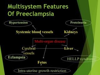 Multisystem Features
Of Preeclampsia
Hypertension Proteinuria
Eclampsia HELLP syndrome
Intra-uterine growth restriction
Multi-organ disease
Cerebral
vessels
Fetus
Liver
Systemic blood vessels Kidneys
 