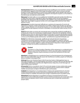 AJA HDP2 HD-SDI/SDI to DVI-D Video and Audio Converter                        19

Avertissement ! Référez-vous au personnel de service qualiﬁé pour tout entretien. L'entretien
est exigé quand l'appareil a été endommagé de quelque manière que ce soit, par exemple
lorsque le cordon d'alimentation ou la prise sont endommagés, que du liquide a été versé ou
des objets sont tombés dans l'appareil, que l'appareil a été exposé à la pluie ou à l'humidité, ne
fonctionne pas normalement ou est tombé.
Warnung! Das Gerät sollte nur von qualiﬁzierten Fachkräften gewartet werden. Eine Wartung
ist fällig, wenn das Gerät in irgendeiner Weise beschädigt wurde, wie bei beschädigtem
Netzkabel oder Netzstecker, falls Flüssigkeiten oder Objekte in das Gerät gelangen, das Gerät
Regen oder Feuchtigkeit ausgesetzt wurde, nicht ordnungsgemäß funktioniert oder fallen
gelassen wurde.
¡Advertencia! Consulte al personal caliﬁcado por cuestiones de reparación. El servicio de
reparación se requiere cuando el dispositivo ha recibido cualquier tipo de daño, por ejemplo
cable o espigas dañadas, se ha derramado líquido o se han caído objetos dentro del dispositivo,
el dispositivo ha sido expuesto a la lluvia o humedad, o no funciona de modo normal, o se ha
caído.                                                                      1
Aviso! Remeta todos os serviços de manutenção para o pessoal de assistência qualiﬁcado. A
prestação de serviços de manutenção é exigida quando o dispositivo foi daniﬁcado mediante
qualquer forma, como um cabo de alimentação ou ﬁcha que se encontra daniﬁcado/a, quando
foi derramado líquido ou caíram objectos sobre o dispositivo, quando o dispositivo foi exposto
à chuva ou à humidade, quando não funciona normalmente ou quando foi deixado cair.
Avviso! Fare riferimento al personale qualiﬁcato per tutti gli interventi di assistenza.
L'assistenza è necessaria quando il dispositivo è stato danneggiato in qualche modo, ad
esempio se il cavo di alimentazione o la spina sono danneggiati, è stato rovesciato del liquido è
stato rovesciato o qualche oggetto è caduto nel dispositivo, il dispositivo è stato esposto a
pioggia o umidità, non funziona correttamente o è caduto.

            Caution!
            This device is a Class A product. Operation of this equipment in a residential area is
            likely to cause harmful interference, in which case users will be required to take
            whatever measures may be necessary to correct the interference at their own
            expense.
Attention! Le périphérique est un produit de Classe A. Le fonctionnement de cet équipement
dans une zone résidentielle risque de causer des interférences nuisibles, auquel cas l'utilisateur
devra y remédier à ses propres frais.
Achtung! Dies ist ein Gerät der Klasse A. Bei Einsatz des Geräts in Wohngebieten kann es
Störungen des Radio- und Fernsehempfangs verursachen. In diesem Fall muss der Benutzer alle
notwendigen Maßnahmen ergreifen, die möglicherweise nötig sind, um die Störungen auf
eigene Rechnung zu beheben.
¡Precaución! Este es un producto clase A. El uso de este equipo en áreas residenciales puede
causar interferencias nocivas, en cuyo caso, se requerirá que los usuarios tomen cualquier
medida necesaria para corregir la interferencia por cuenta propia.
Cuidado! Este dispositivo é um produto Classe A. Operar este equipamento em uma área
residencial provavelmente causará interferência prejudicial; neste caso, espera-se que os
usuários tomem as medidas necessárias para corrigir a interferência por sua própria conta.
Attenzione! Questo dispositivo è un prodotto di Classe A. Il funzionamento di questo
apparecchio in aree residenziali potrebbe causare interferenze dannose, nel cui caso agli utenti
verrà richiesto di adottare tutte le misure necessarie per porre rimedio alle interferenze a
proprie spese.
 