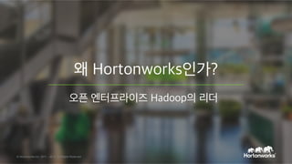 Page 10 © Hortonworks Inc. 2011 – 2015. All Rights Reserved
Hortonworks의 고객들은 우리의 기술을 활용하여 새로운 사업적인 성과를 이루거나 비용을 줄여 그들의
사업을 변화시킵니다. 이 두 목표의 여정은 보통 다양한 용도에 걸쳐 함께 이루어집니다.고객의 여정
Social
Mapping
Payment
Tracking
Factory
Yields
Defect
Detection
Call
Analysis
Machine
Data
Product
Design
M & A
Due
Diligence
Next
Product
Recs
Store
Design
Risk
Modeling
Ad
Placement
Proactive
Repair
Disaster
Mitigation
Investment
Planning
Inventory
Predictions
Customer
Support
Sentiment
Analysis
Supply
Chain
Ad
Placement
Basket
Analysis
Segments
Cross-
Sell
Customer
Retention
Vendor
Scorecards
Optimize
Inventories
OPEX
Reduction
Mainframe
Offloads
Historical
Records
Data
as a
Service
Public
Data
Capture
Fraud
Prevention
Device
Data
Ingest
Rapid
Reporting
Digital
Protection
새로운 통찰
종합적 관점 예측적 분석
활성 보존본 ETL 오프로드 데이터 보강
탐 색 최 적 화 전 환
 