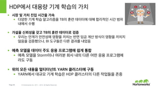 Page 48 © Hortonworks Inc. 2011 – 2015. All Rights Reserved
Spark 모델을 Storm에 통합
Kafka Spout
Storm 예측 Bolt
§  Spark 모델을 초기화
§  트럭 이벤트를 해석
§  HBase 데이터로 이벤트를 보완
§  모델로 위반을 예측
§  위반이 예측되면 경보를 보냄
실시간 조회
(HBase)
Active MQ
운영 센터 대쉬보드
 